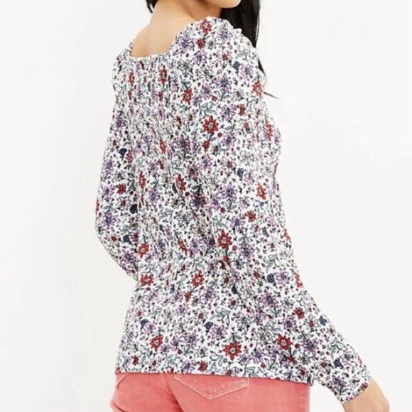 LOFT Bloom Smocked Square Neck Top Long Sleeves - Size XL - Picture 2 of 6